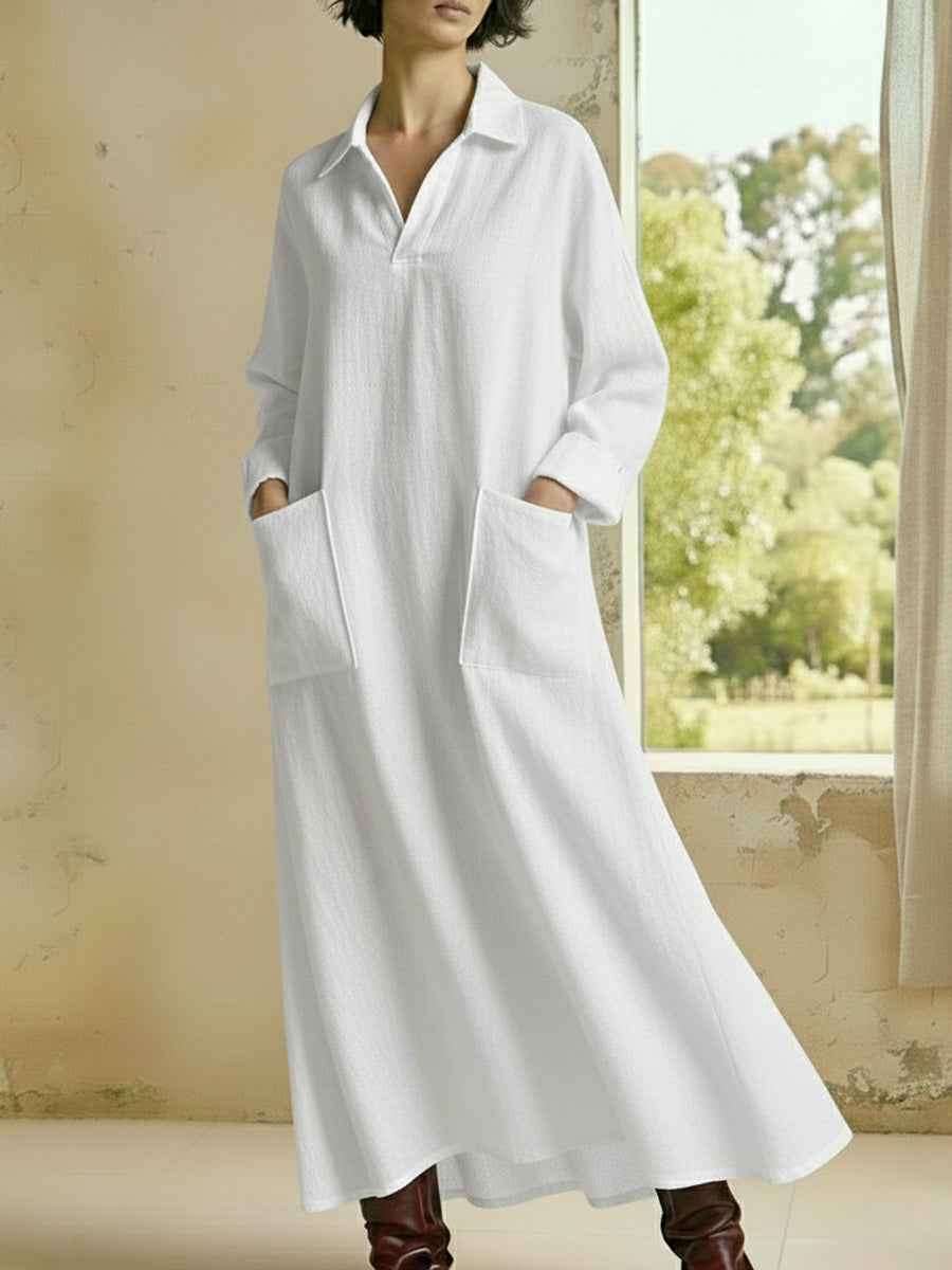 Loose-fitting Casual Polo-neck Pocketed Long-sleeve Dress