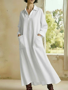 Loose-fitting Casual Polo-neck Pocketed Long-sleeve Dress