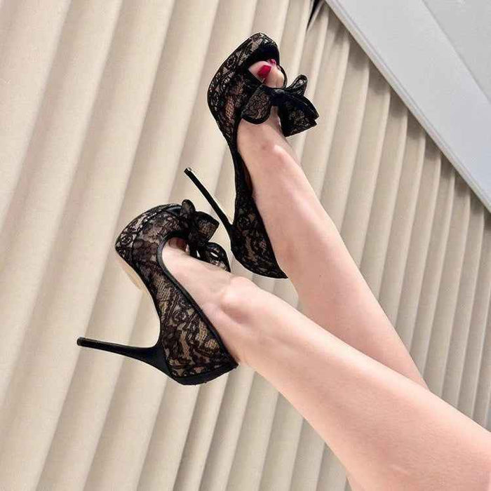 Mesh Lace Embroidered Bowknot Platform Sandals For Women