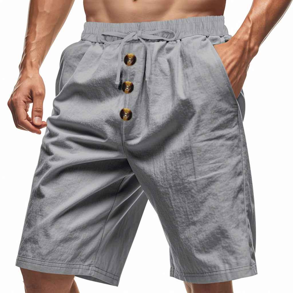 Mens Loose Linen Beach Casual Washed Button Cropped Sports Shorts