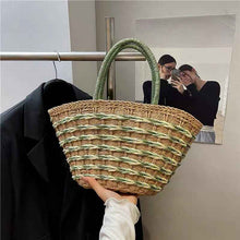 Color-Block Womens Handwoven High-Capacity Shoulder Beach Basket Bag For Vacation