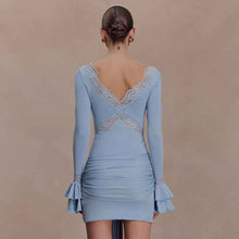 Womens Lace-trimmed Flare-sleeve Bodycon Backless Dress