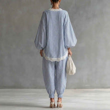 Blue And White Striped Lace-trimmed Loose Set For Women