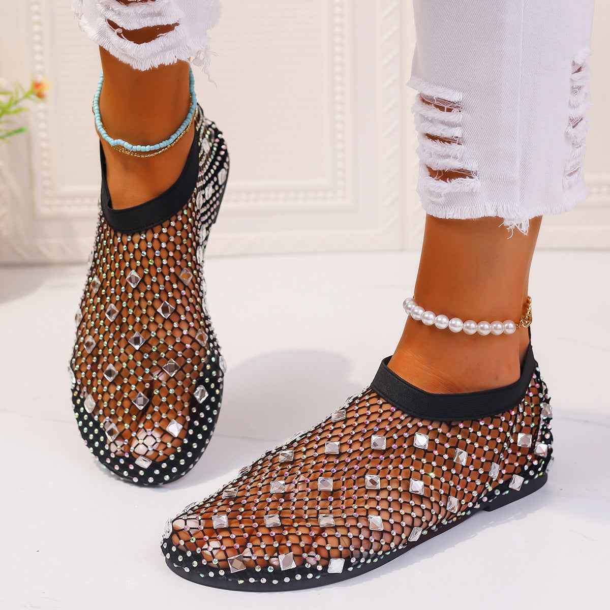 Fashion Mesh Flat Sandals With Colorful Rhinestone Design Summer New Round Toe Beach Shoes For Women