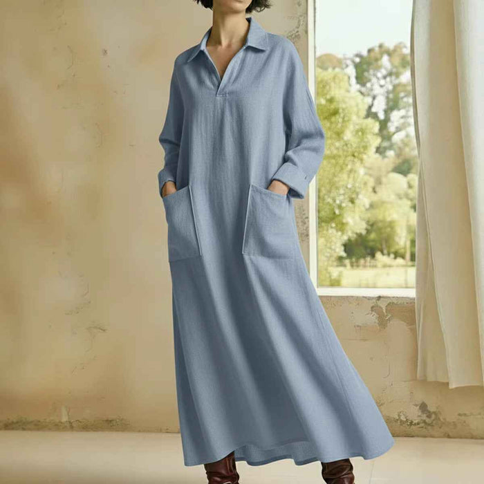 Loose-fitting Casual Polo-neck Pocketed Long-sleeve Dress