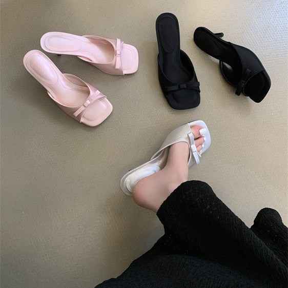 French-style Sophisticated Bow-tie Square-toe Open-toe Stiletto Sandals For Women