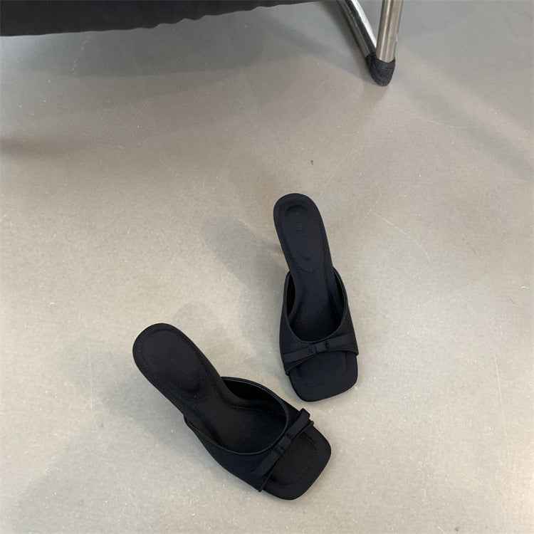 French-style Sophisticated Bow-tie Square-toe Open-toe Stiletto Sandals For Women