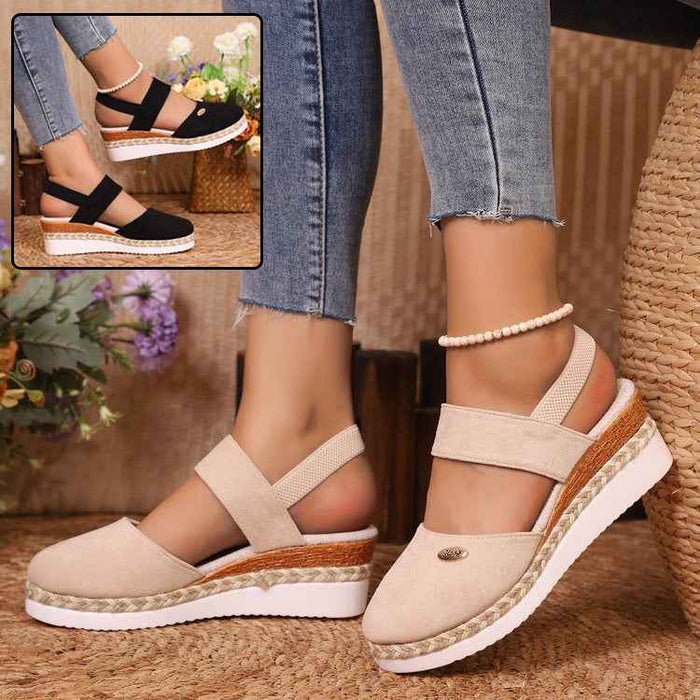 Sandales compensées en corde de chanvre pour femme, chaussures d'été légères à bout fermé avec bride élastique tressée