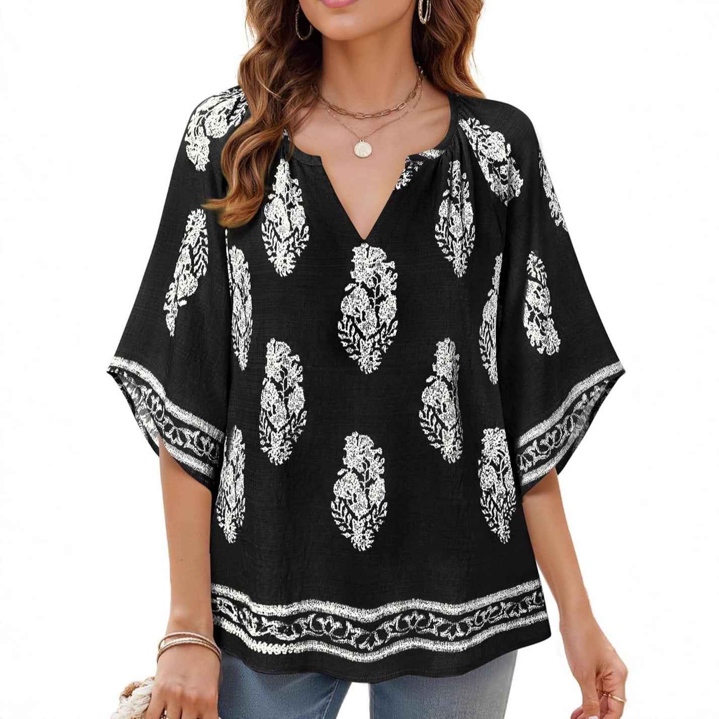 V-neck Printed Bohemian Country-Style Casual Loose Summer Top