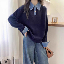Women's Denim Sleeve Stitching Fake Two Pieces Sweaters Coat New Loose