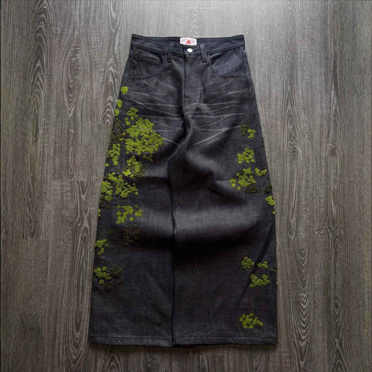 Street-style Denim Straight-leg Pants With Floral Embroidery
