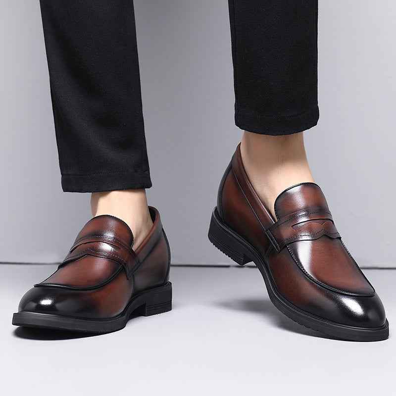 Cowhide Business Formal Wear Men's Slip-on Invisible Height Increasing Leather Shoes