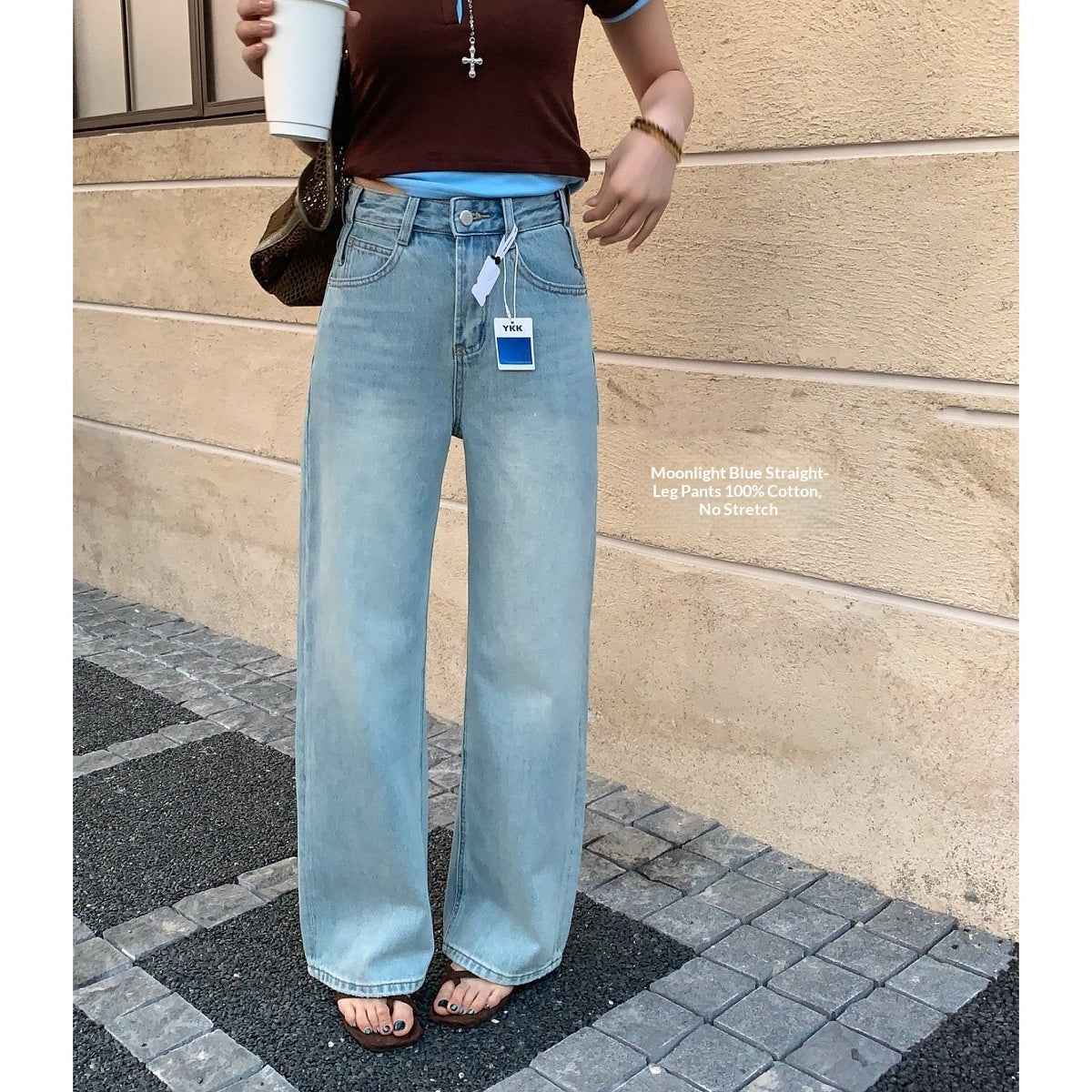 High-waisted Straight-leg Light Blue Jeans For Women