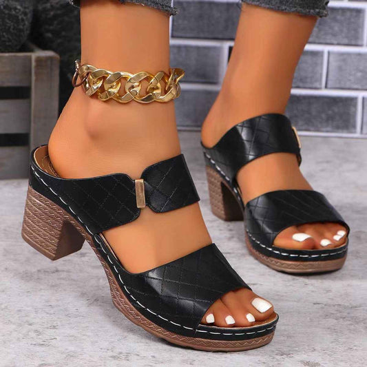 Chunky Heel Sandals Summer Round Toe Plaid Slides Slippers Fashion Outdoor High Heels Shoes For Women