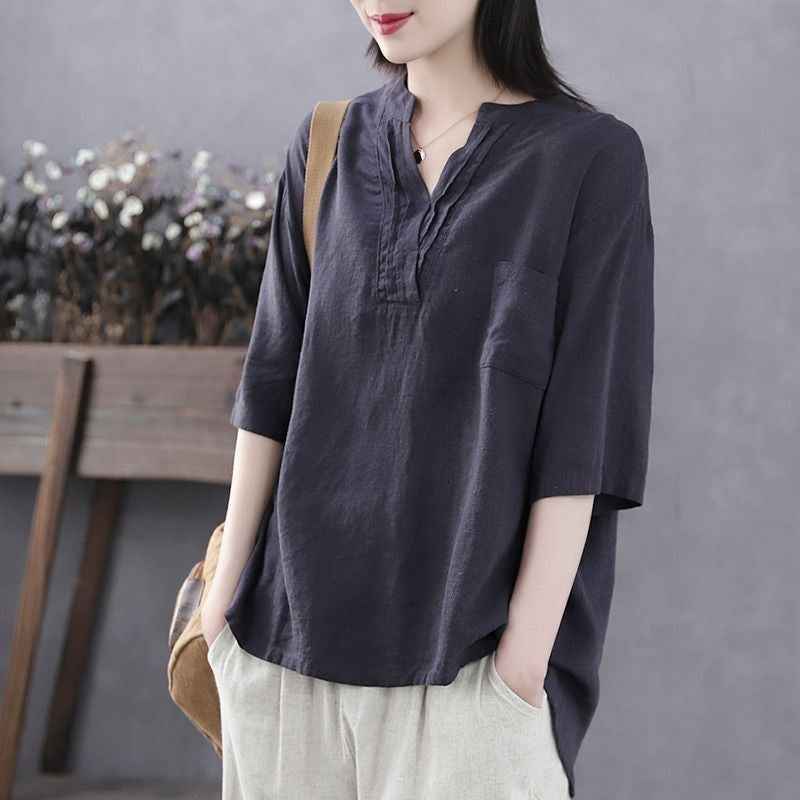 Casual Youthful Retro Summer New V-Neck Cotton-Linen Top