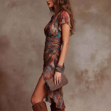 Womens Slim-fit Printed V-neck Defined-waist Dress
