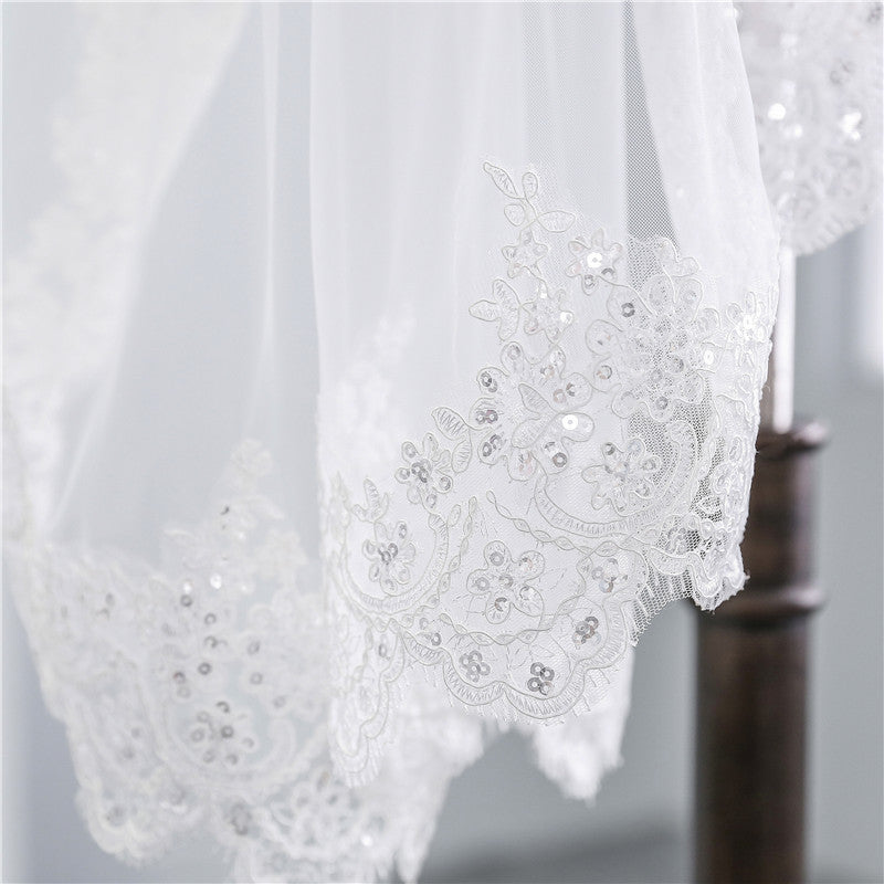 Short Veil Soft Mesh Sequined Lace White Ivory by Mirlaine Univers