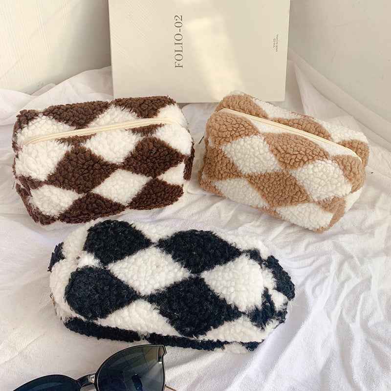 Niche Design Plaid Plush Pencil Case Large-Capacity Storage Bag