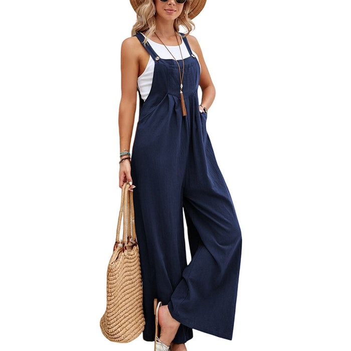 Pantalon à bretelles uni décontracté pour femme