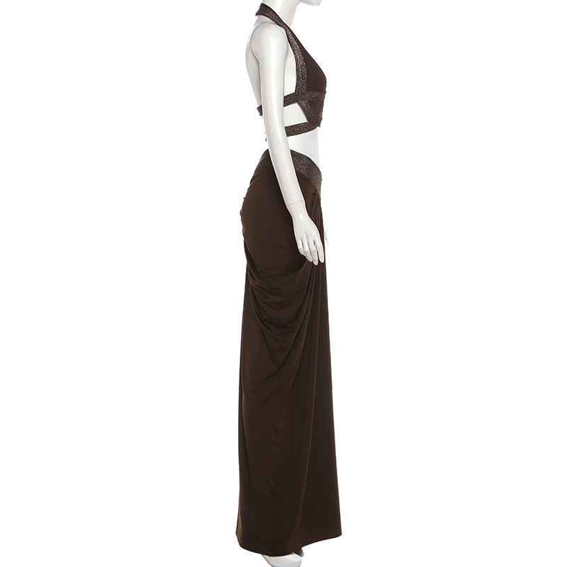Sexy Cropped Halter Top And Pleated Bodycon Maxi Skirt Set