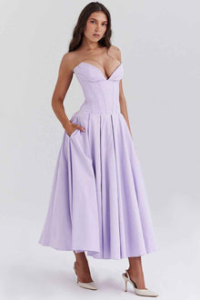 Solid-color V-neck Maxi-length Sleeveless Boned Bustier Elegant Sexy Figure-flattering Midi Dress
