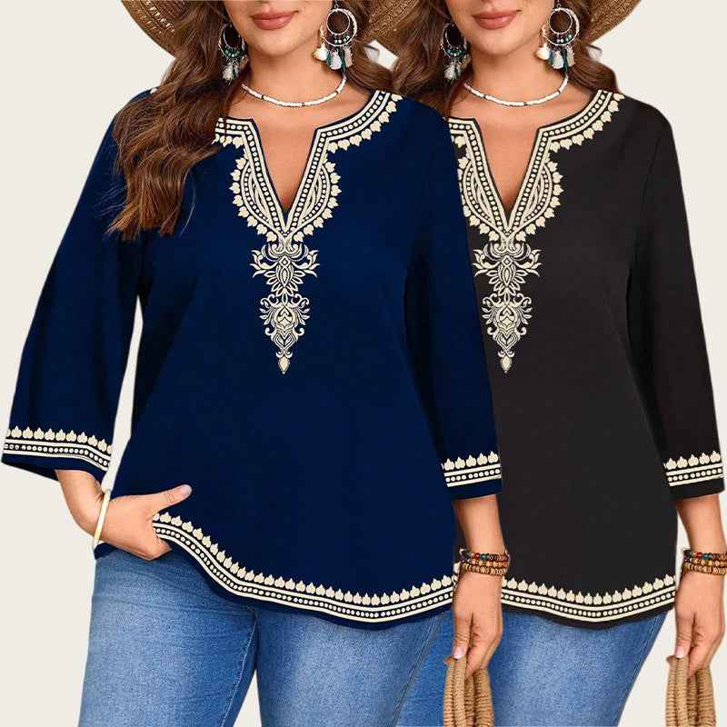 Fashionable Casual V-Neck Ethnic-Style Printed Three-Quarter-Sleeve Shirt Top