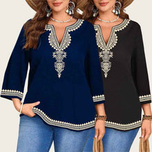 Fashionable Casual V-Neck Ethnic-Style Printed Three-Quarter-Sleeve Shirt Top