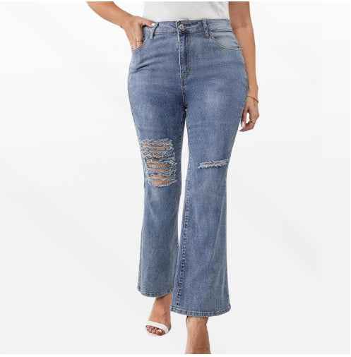 Plus-size Fashionable Casual Ripped Denim Jeans For Women