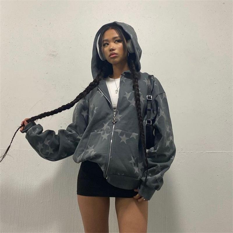 Stars Printed Zipper Hooded Cardigan Couple Fashion Outerwear Hoodies Sweatshirt Street Men Women Coat by Mirlaine Univers