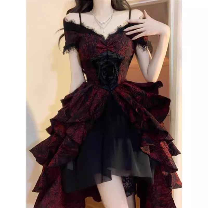 Black And Red Jacquard Wave-Print Dress Lolita Light Luxury