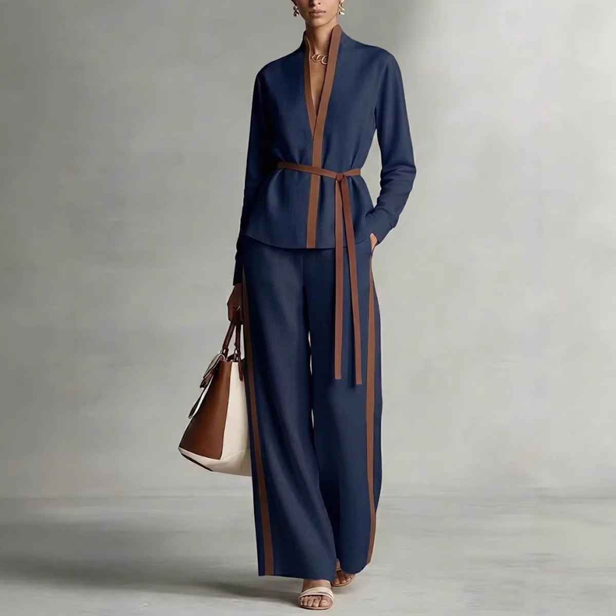 Women's Casual Patchwork Cardigan Shirt And Wide-Leg Pants Set