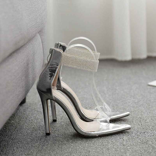 Rhinestone pointed sandals  toe high heels women