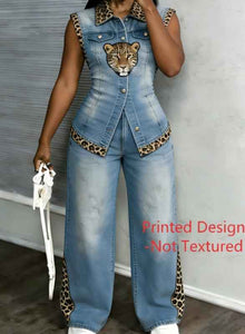 Workwear Style Sleeveless Printed Two-piece Set