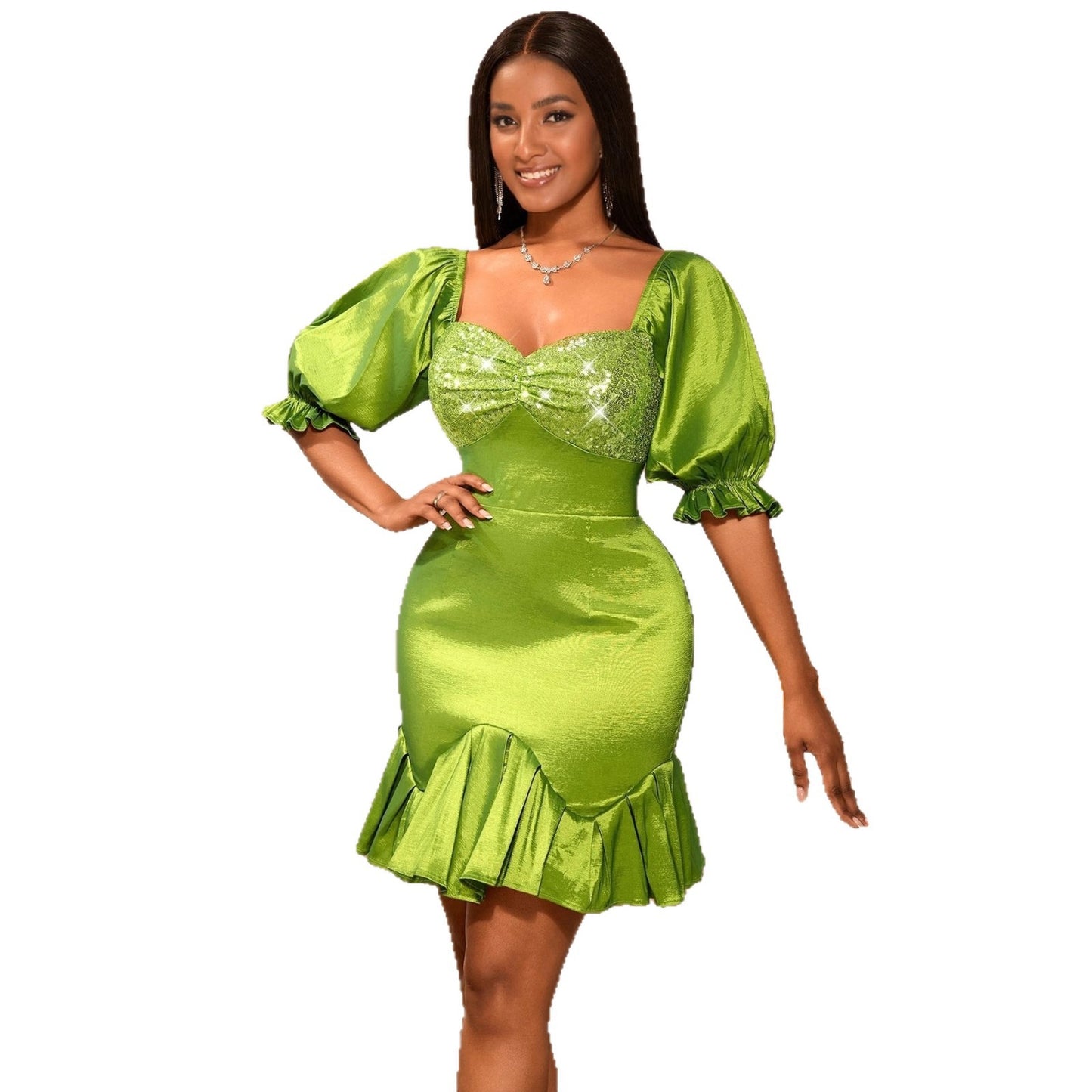 Sequin Stitching Ruffled Banquet Sheath Evening Dress by Mirlaine Univers