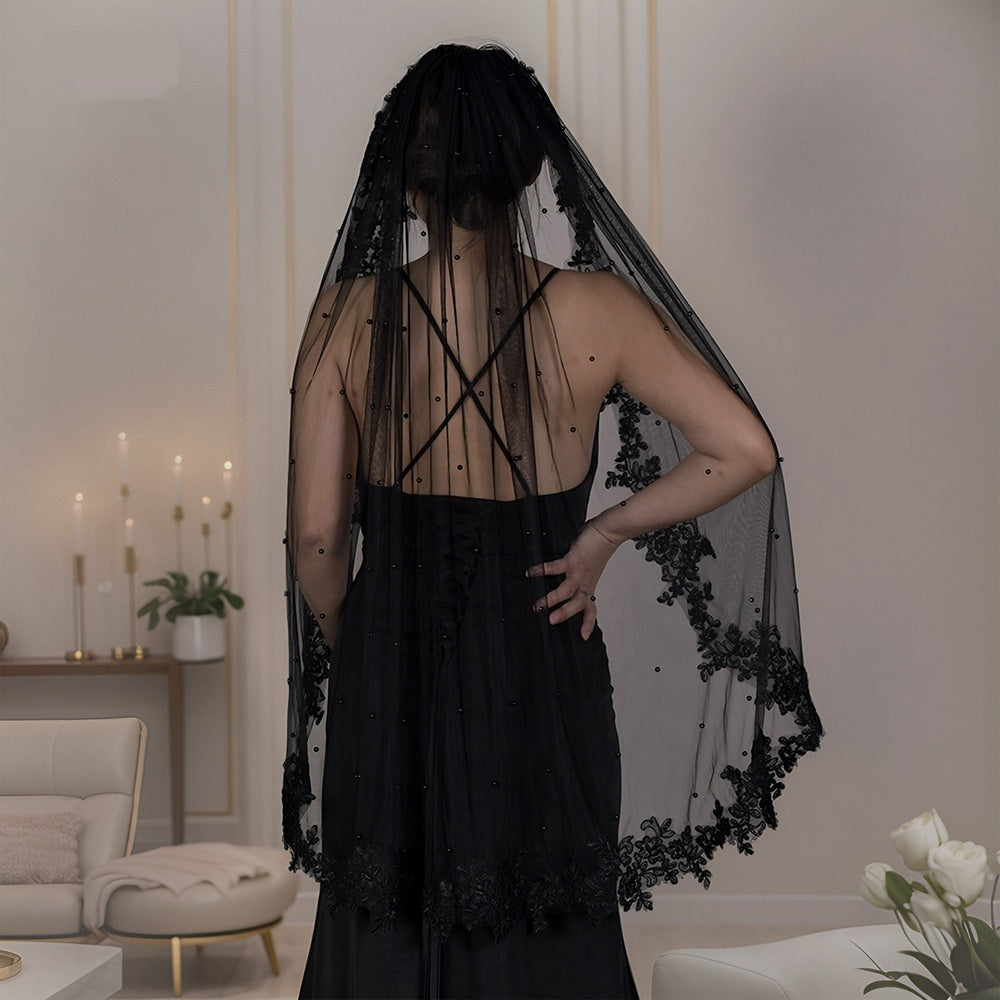 Exquisite Lace Black Veil Pearl Bridal Veil by Mirlaine Univers