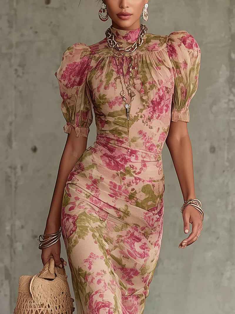 Puff-sleeve Printed Slim-fit Long Pleated Dress