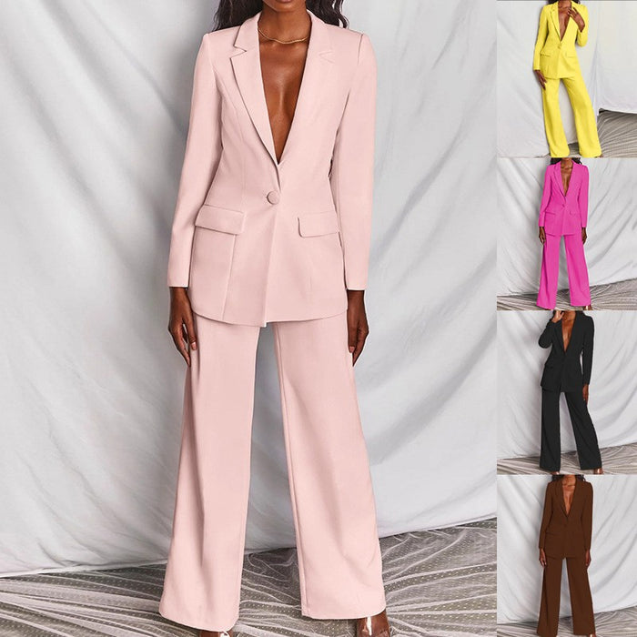 Ensemble 2 pièces décontracté blazer à revers boutonné et pantalon droit pour le bureau, les trajets quotidiens et les affaires