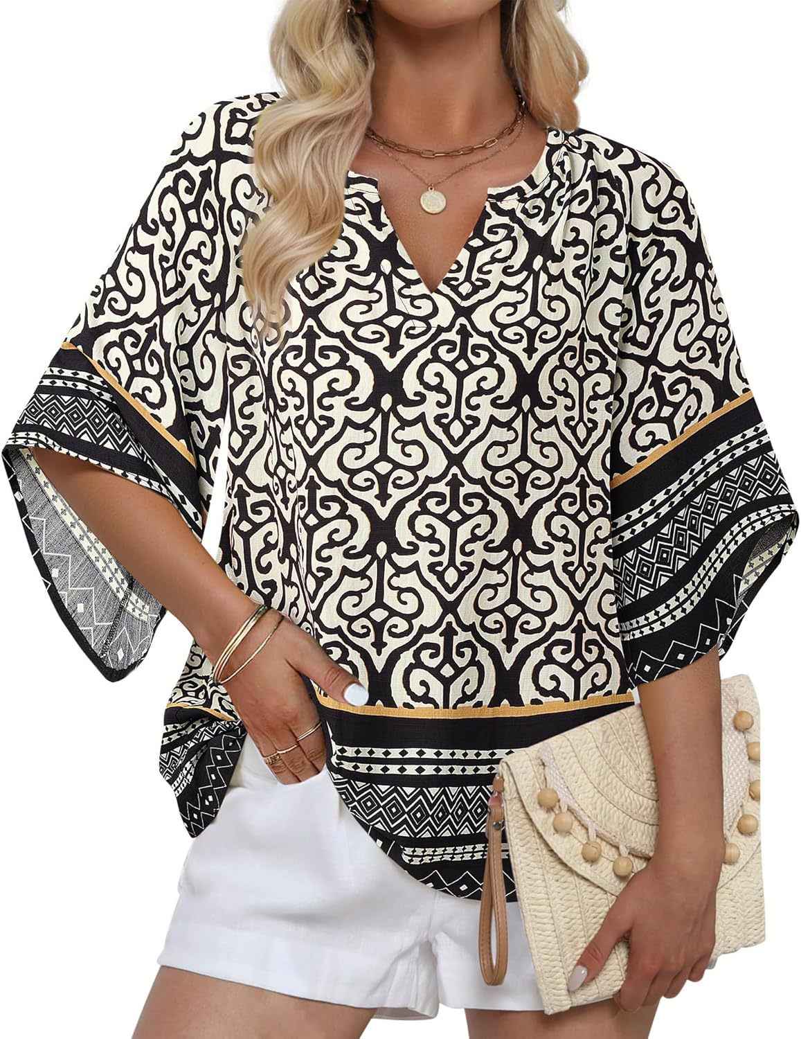 V-neck Printed Bohemian Country-Style Casual Loose Summer Top
