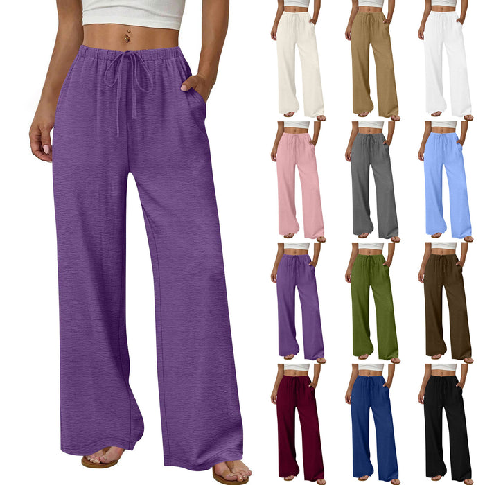 Womens Fashion Drawstring Elastic-waist Wide-leg Pants With Pockets
