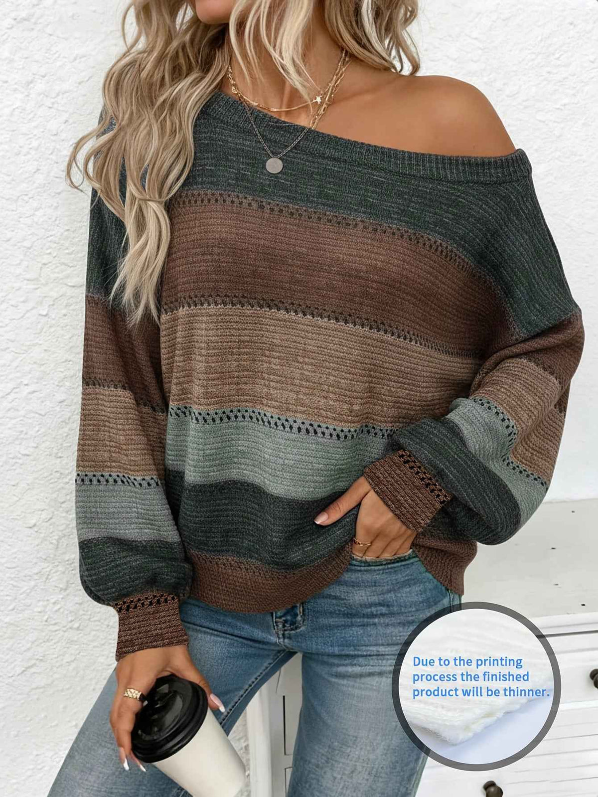 Womens Striped Off-Shoulder Boat-Neck Sweater
