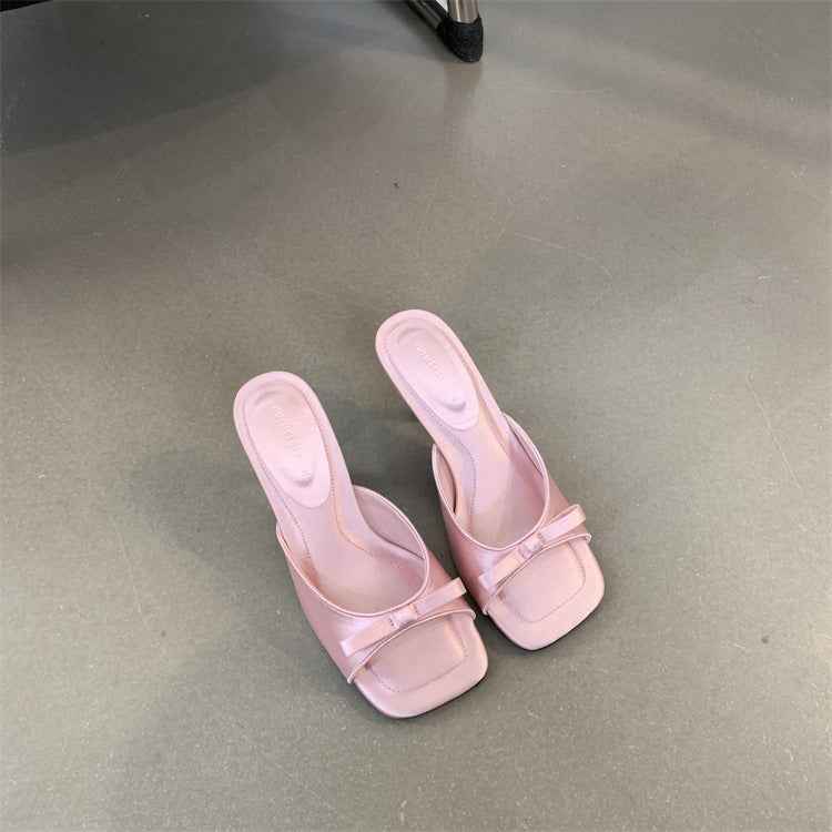 French-style Sophisticated Bow-tie Square-toe Open-toe Stiletto Sandals For Women