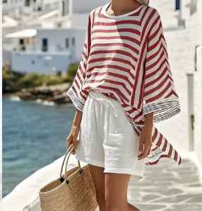 Japanese-style Vertical Stripe Ramie Bamboo Fiber Top Womens Set