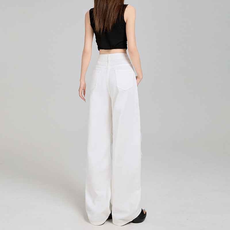 Women's Off-White Ripped Lace High-Waist Loose Denim Jeans