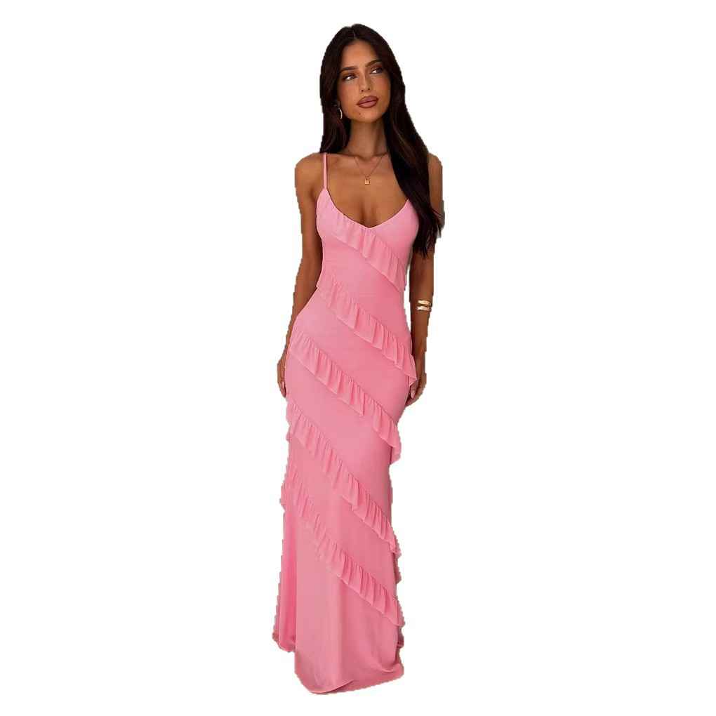 Backless Spaghetti-strap V-neck Dress With Side Slits