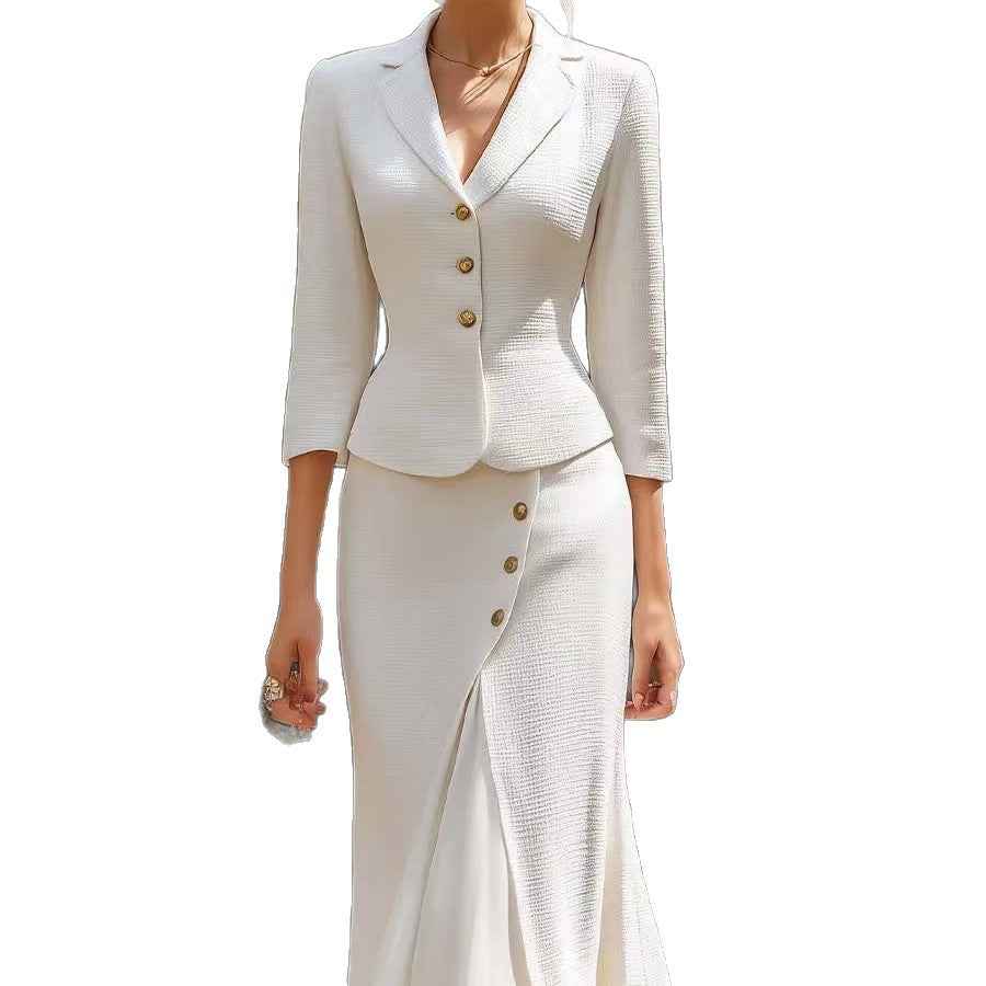 Three-quarter-sleeve Blazer And Long Skirt Set With Buttons And A Slit Mid-length Skirt