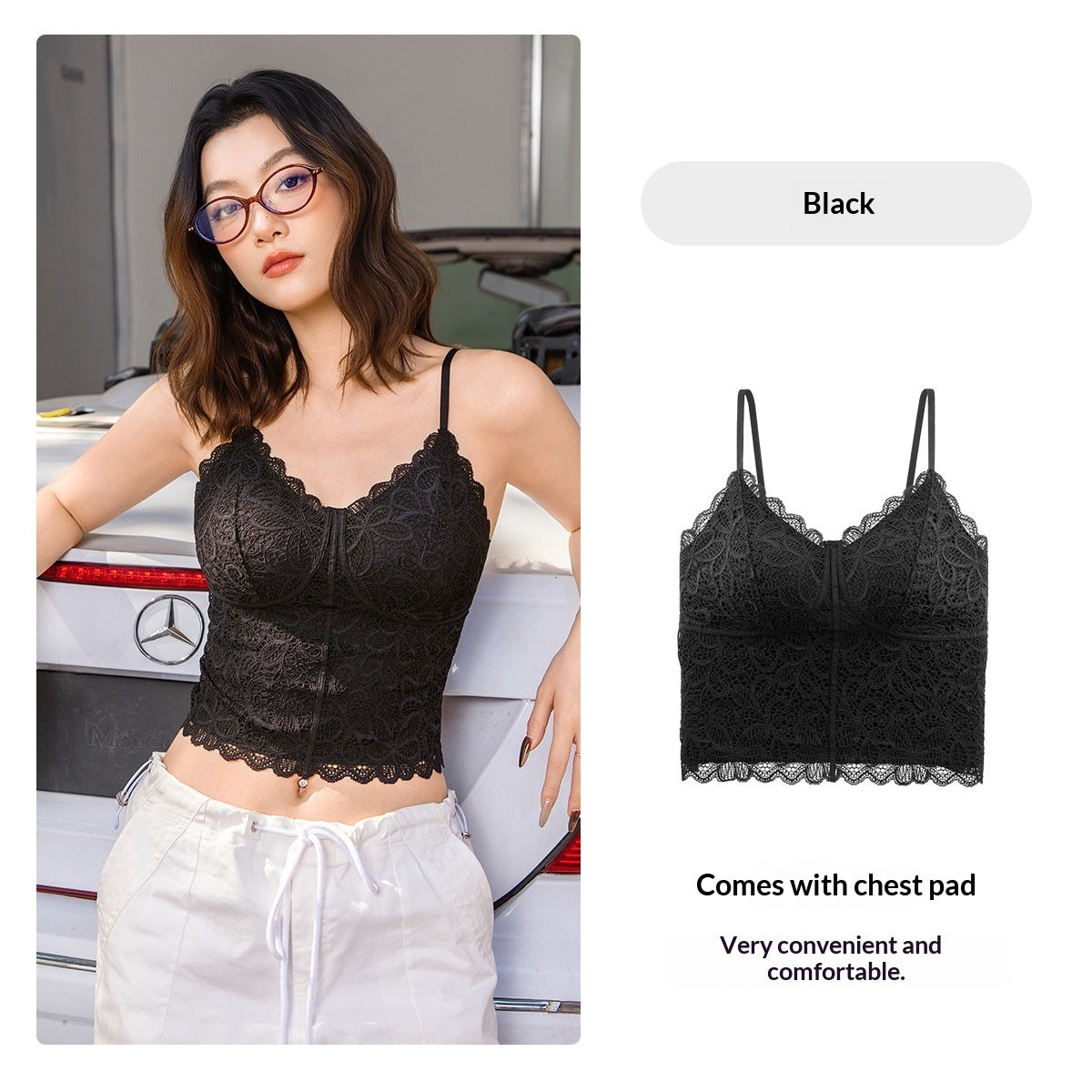 Floral Lace Camisole For Women Padded Mid Length Base Layer