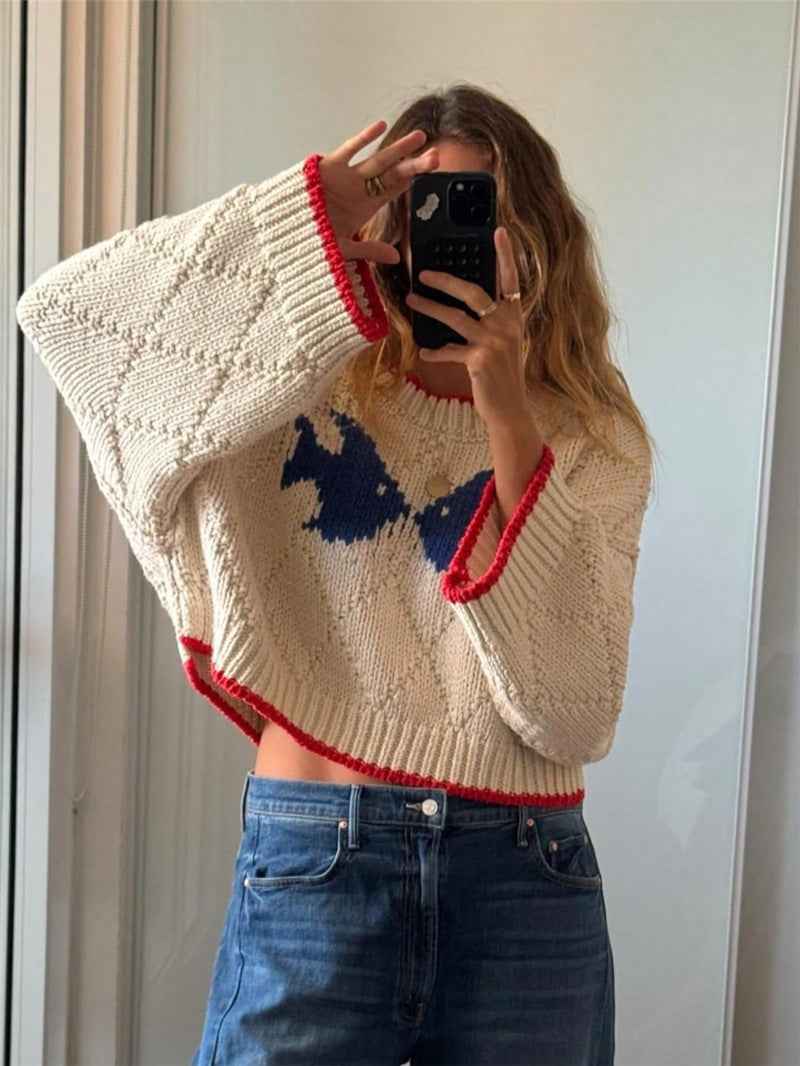 Retro Contrasting Color Jacquard Knit Loose Casual Sweater