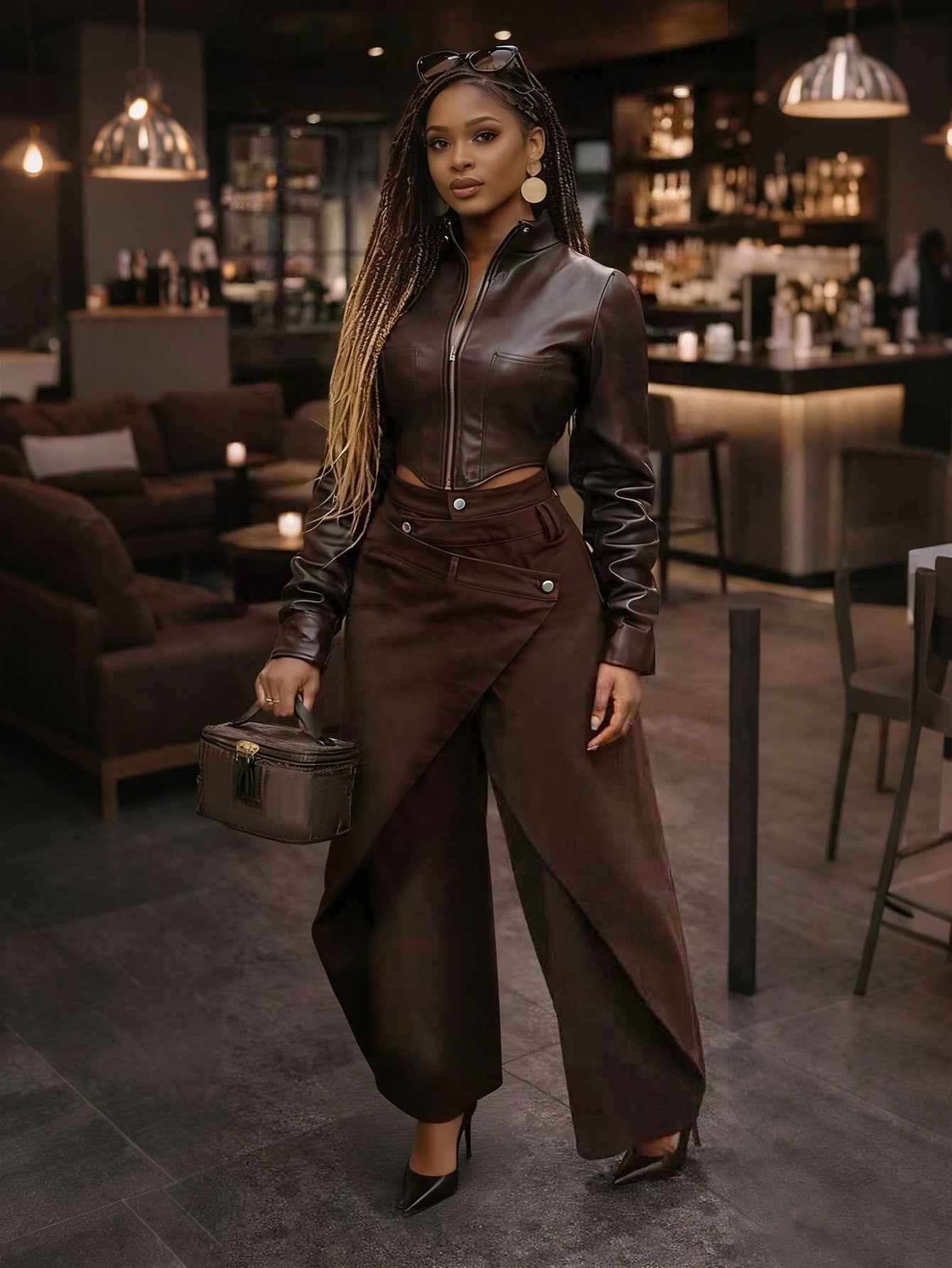 Retro High-waisted Cross-over Metal Buckle Irregular Wide-leg Pants