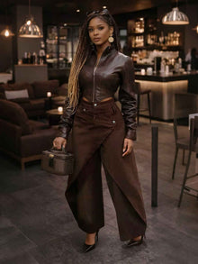 Retro High-waisted Cross-over Metal Buckle Irregular Wide-leg Pants