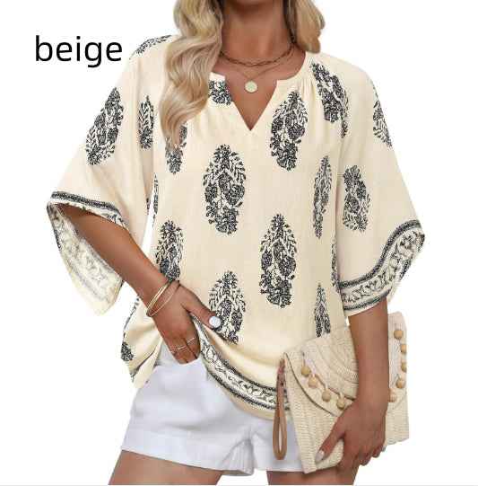 V-neck Printed Bohemian Country-Style Casual Loose Summer Top
